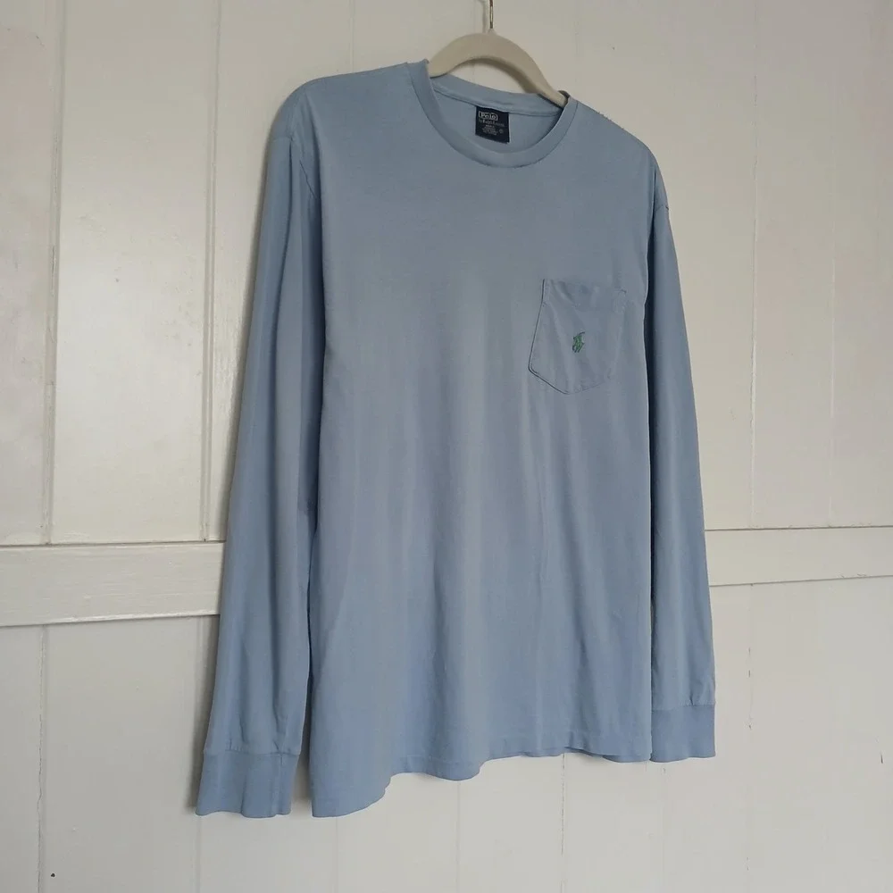 Vintage Polo Ralph‎ Lauren T-Shirt Long Sleeve Pocket Pony Logo Men's Small Blue